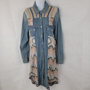 FREE PEOPLE Womens MEDIUM Crochet Pieced Denim Dress Jacket Duster